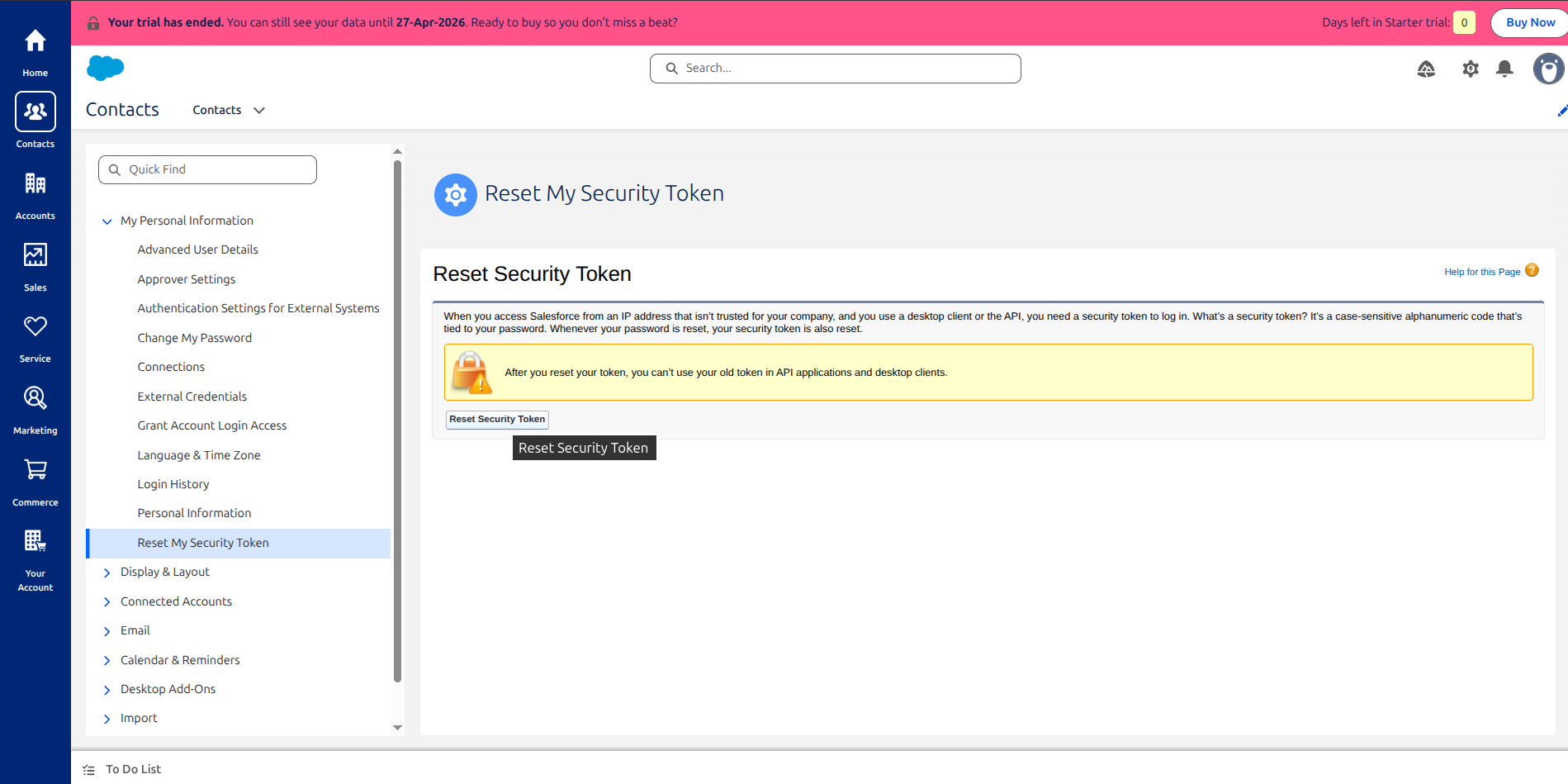 Reset Security Token